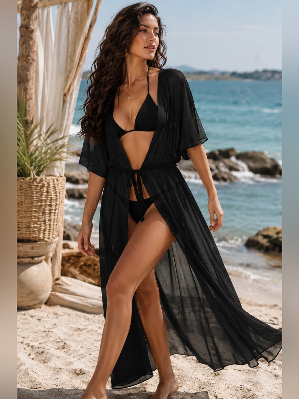 SHEIN Women’s Black Tie Waist Semi Sheer Kimono Coverup M